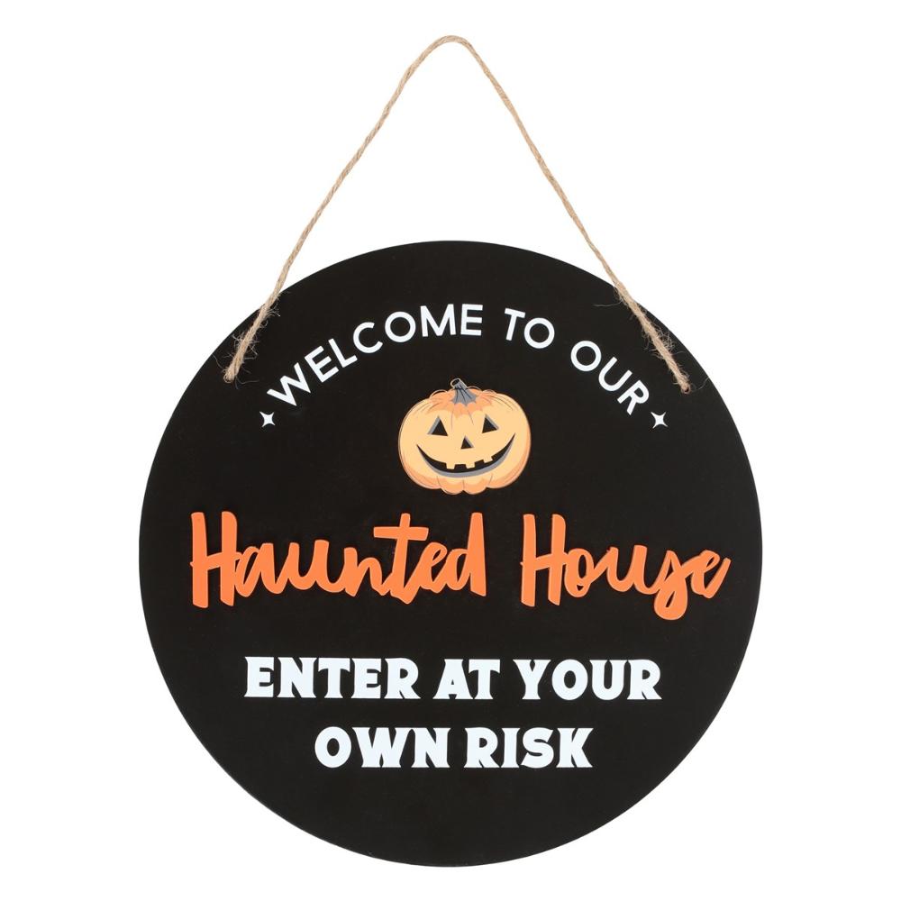 Haunted House Pumpkin Round Mdf Hanging Sign