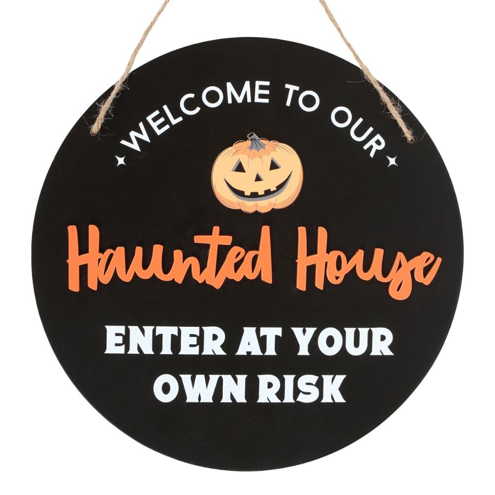 Haunted House Pumpkin Round Mdf Hanging Sign