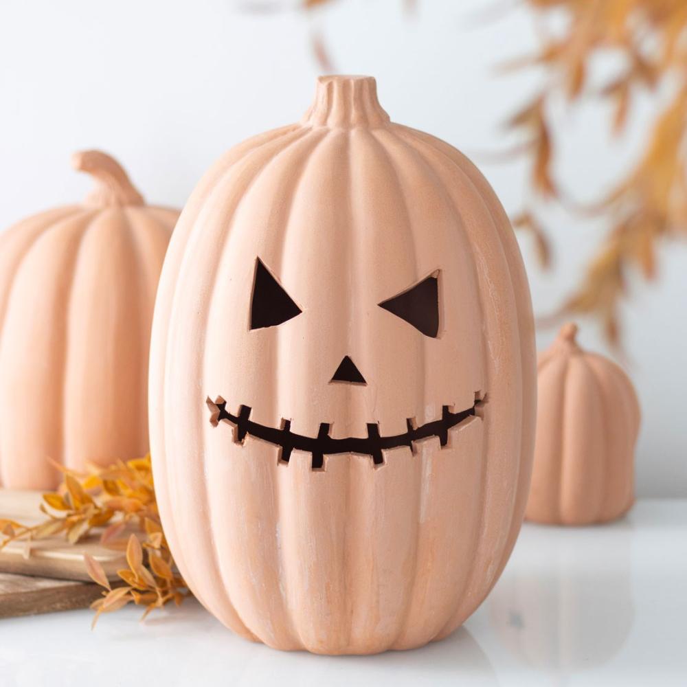 Neutral Terracotta Pumpkin Ornament With Cut Out Face 30cm