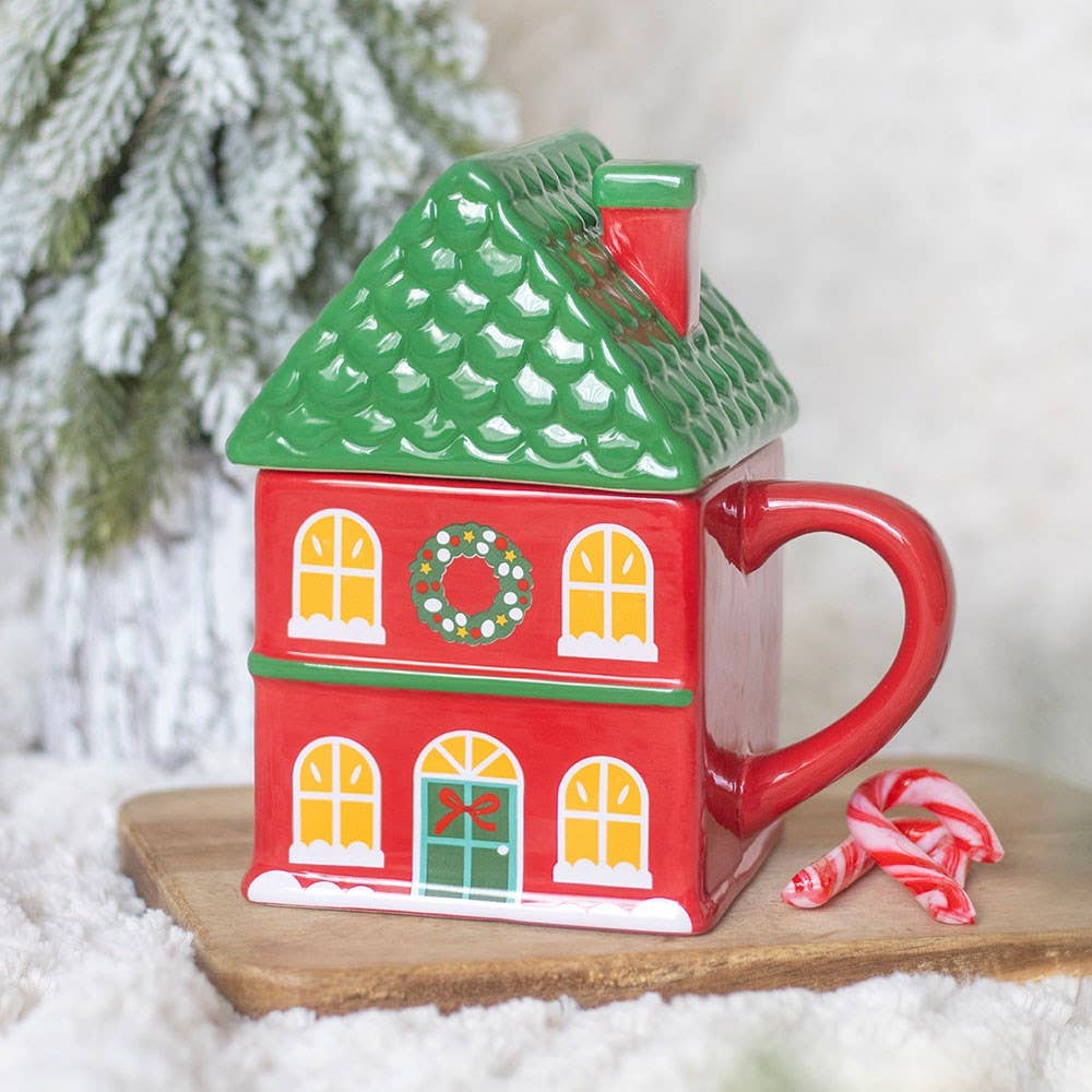 Red Christmas House Lidded Mug - PRE ORDER September 2026 Arrival - The Christmas Shoppe