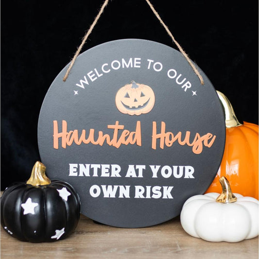 Haunted House Pumpkin Round Mdf Hanging Sign